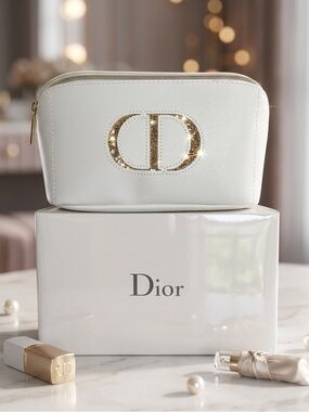 Dior White Cosmetic Pouch with Gold CD Emblem